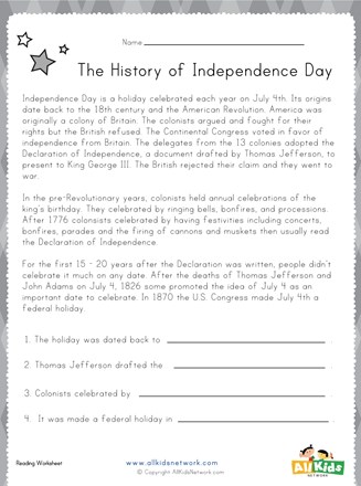 Independence Day Reading Worksheet | All Kids Network