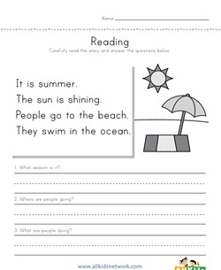 Summer Reading Comprehension Worksheet