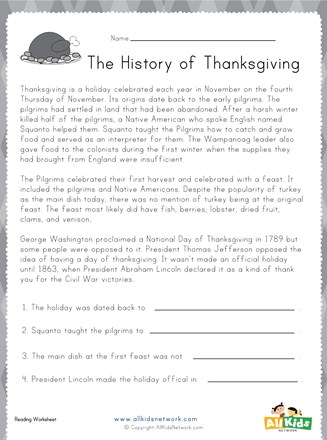 Thanksgiving Reading Worksheet | All Kids Network