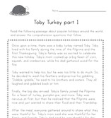 Toby Turkey Thanksgiving Reading Comprehension Worksheet