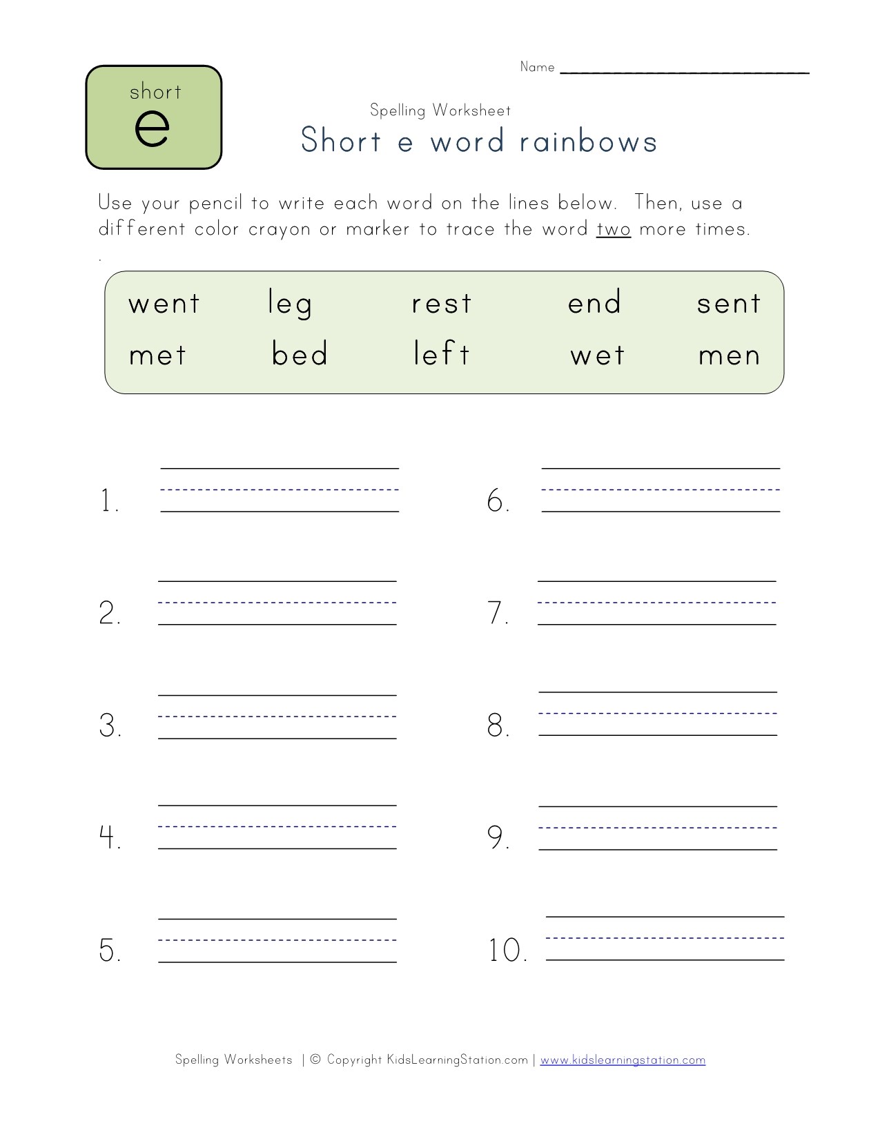 worksheet Rainbow Spelling Worksheet short e word rainbows worksheet all kids network