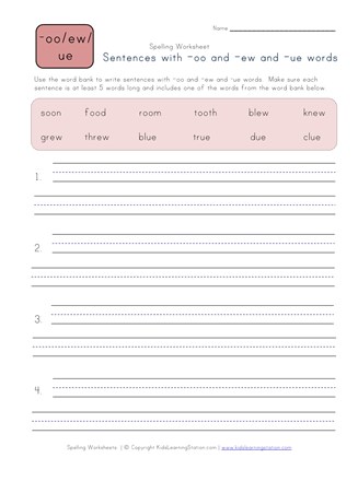 sentences with -oo, -ew and -ue words worksheet