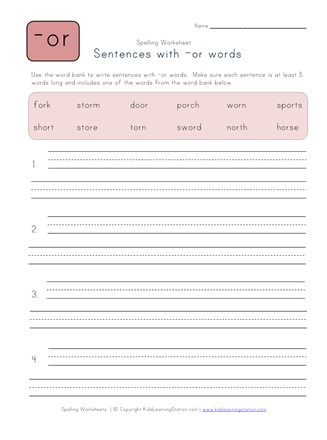 sentences with -or words worksheet