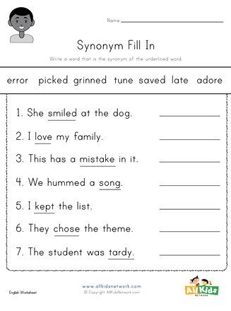 Synonym Worksheet - error, picked, grinned, tune, saved, late and adore