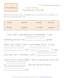 1st grade fill in the blanks vocabulary worksheet 2