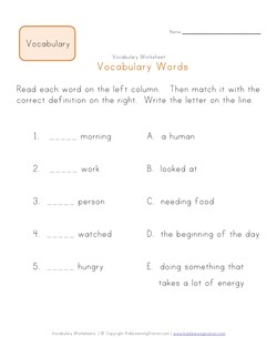 1st grade word to definition matching worksheet
