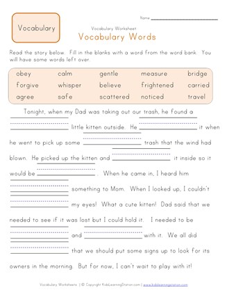 fill in the blanks vocabulary worksheet 1 all kids network