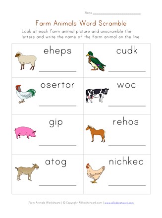 Farm Animals Worksheet - Word Scramble | All Kids Network