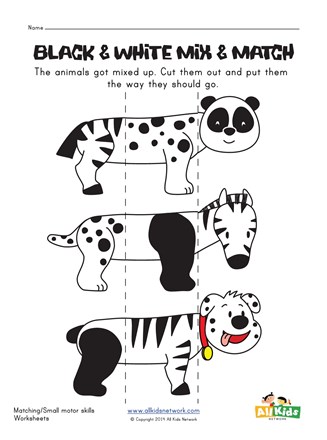 Animal Mix and Match Worksheet - Black and White | All Kids Network