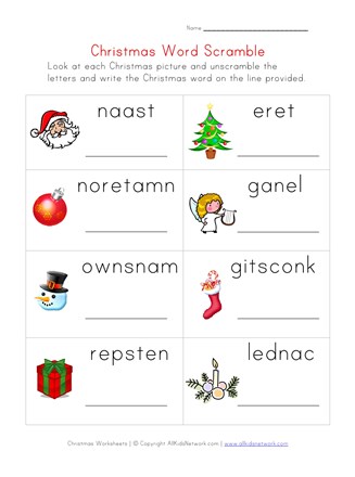 Christmas Word Scramble Worksheet for Kids | All Kids Network