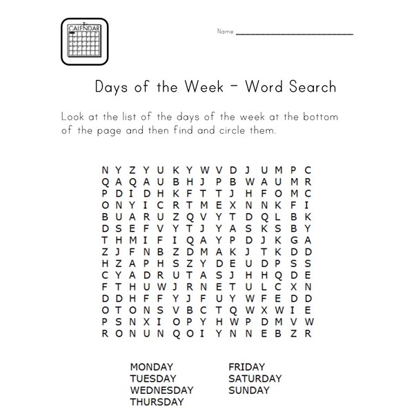 Days of the Week Word Search | All Kids Network