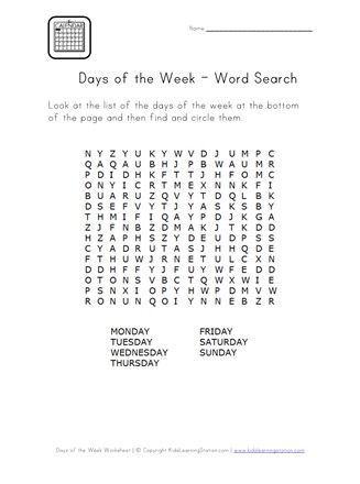 days of the week word search all kids network