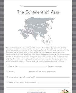 Asia Reading Comprehension Worksheet