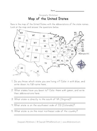 Map of the United States Worksheet | All Kids Network