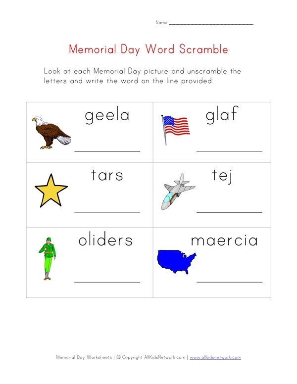 memorial day word scramble worksheet all kids network