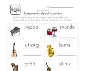 music worksheet for year 1 instruments word scramble worksheet