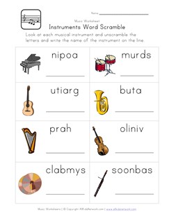 instruments word scramble worksheet