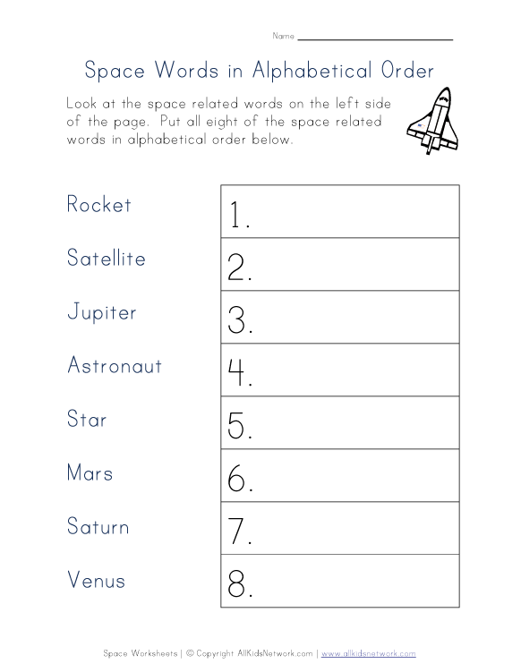 Space alphabetical order worksheet