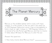 space math worksheet Planet Mercury Worksheet