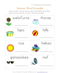 summer word scramble worksheet