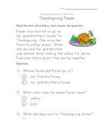 thanksgiving reading comprehension worksheet