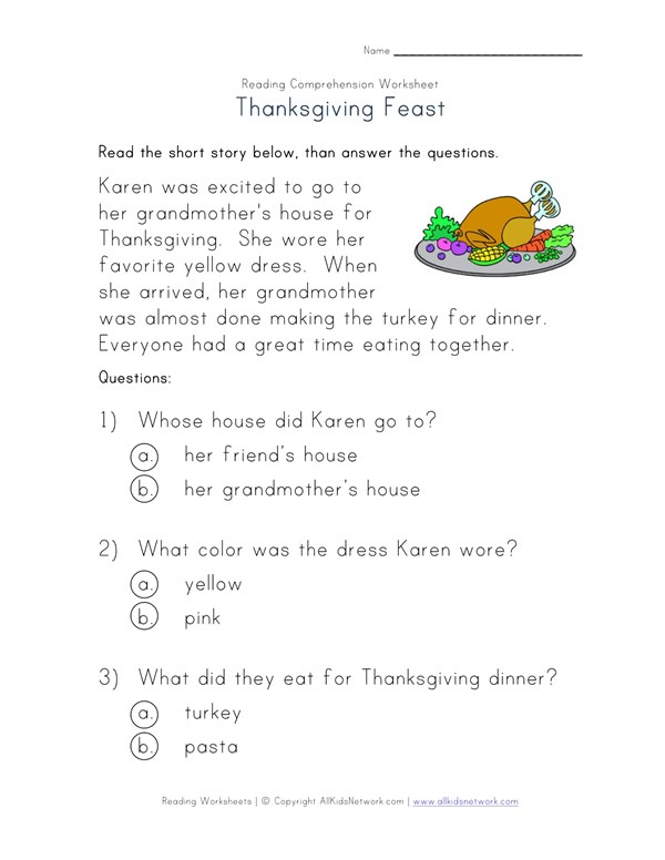 Thanksgiving Reading Comprehension Worksheet All Kids Network
