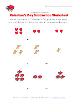 valentines day subtraction worksheet