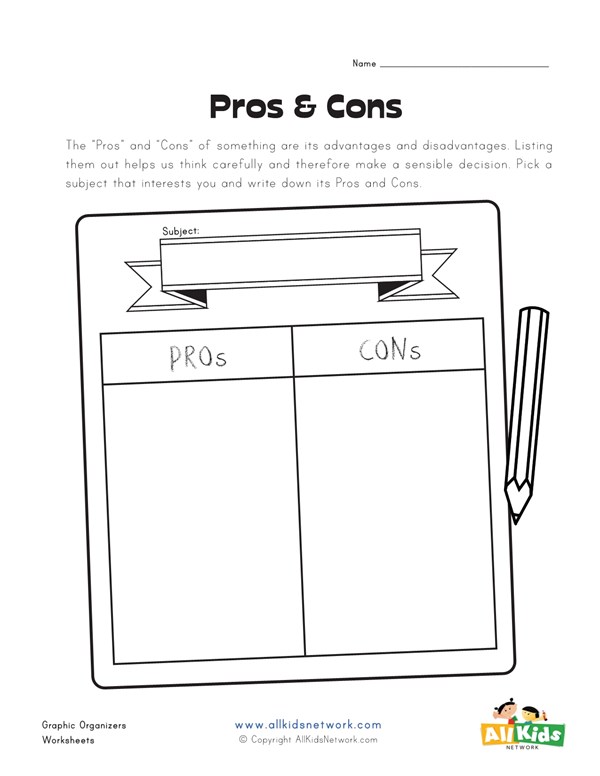 graphic organizer for pros and cons all kids network pros and cons worksheet