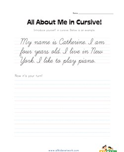 about me cursive writing practice worksheet