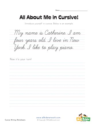 about me cursive writing practice worksheet