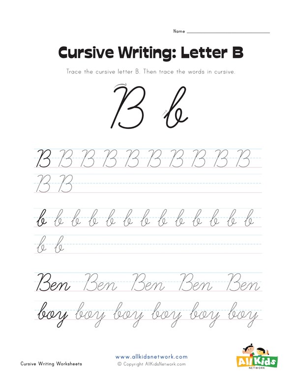 cursive writing worksheet letter b all kids network