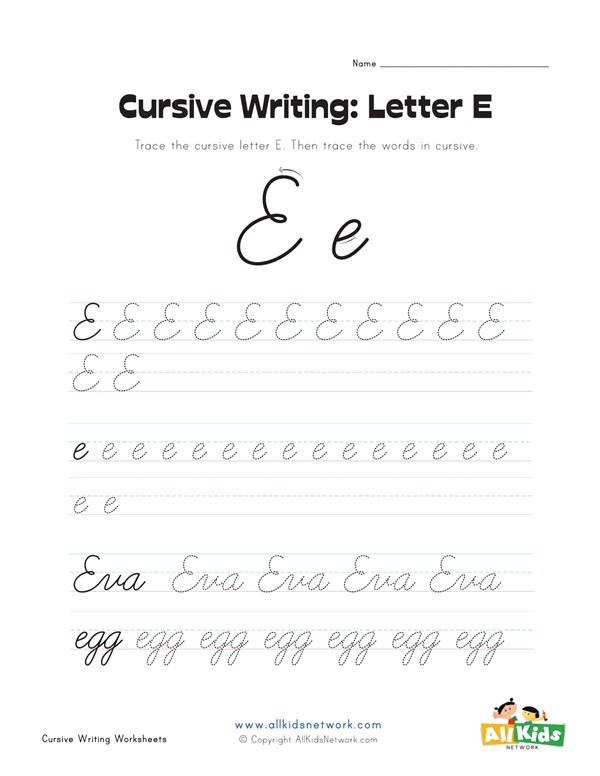 cursive writing worksheet letter e all kids network