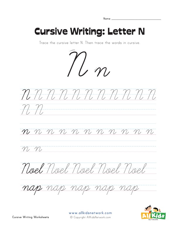 cursive writing worksheet letter n all kids network