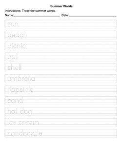 Summer Words Handwriting Worksheet