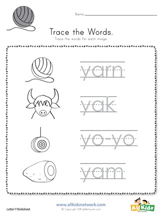 Trace the Letter Y Words | All Kids Network