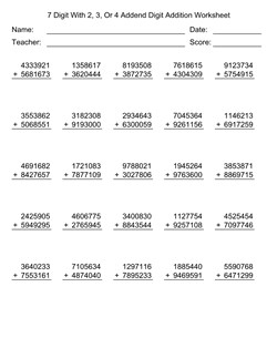 7 Digit With 2, 3, Or 4 Addend Addition Worksheet With First Addend with 7 Digits, Second Addend with 7 Digits