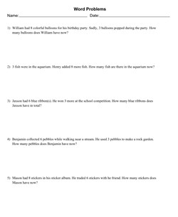 1 Digit Mixed Addition and Subtraction Word Problems With 5 Problems Per Page, Allow Regrouping, Letter Page Size, Solution Appended
