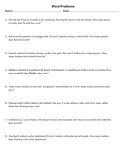 1 Digit Mixed Addition and Subtraction Word Problems With 8 Problems Per Page, Allow Regrouping, Letter Page Size, Solution Appended