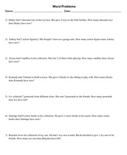 1 Digit Mixed Addition and Subtraction Word Problems With 7 Problems Per Page, Allow Regrouping, Letter Page Size, Solution Appended