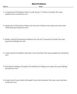 2-Digit Mixed Addition and Subtraction Word Problems No Regrouping With 6 Problems Per Page, Letter Page Size, Solution Appended