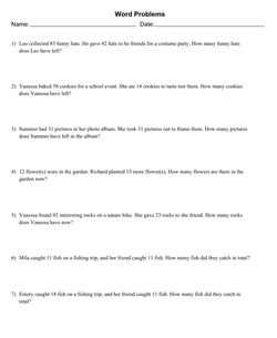 2-Digit Mixed Addition and Subtraction Word Problems No Regrouping With 7 Problems Per Page, Letter Page Size, Solution Appended