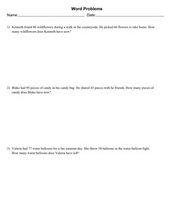 Mixed Addition and Subtraction Word Problems With 3 Problems Per Page, Allow Regrouping, Letter Page Size, Solution Appended