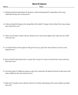 Mixed Addition and Subtraction Word Problems With 7 Problems Per Page, Allow Regrouping, Letter Page Size, Solution Appended