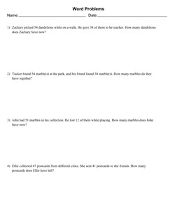 Mixed Addition and Subtraction Word Problems With 4 Problems Per Page, Allow Regrouping, Letter Page Size, Solution Appended