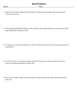 Mixed Addition and Subtraction Word Problems With 5 Problems Per Page, Allow Regrouping, Letter Page Size, Solution Appended