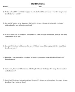3 Digits Mixed Addition and Subtraction Word Problems With 7 Problems Per Page, Allow Regrouping, Letter Page Size, Solution Appended