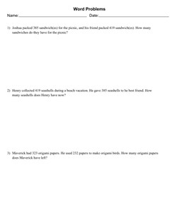 Mixed Addition and Subtraction Word Problems With 3 Problems Per Page, Allow Regrouping, Letter Page Size, Solution Appended